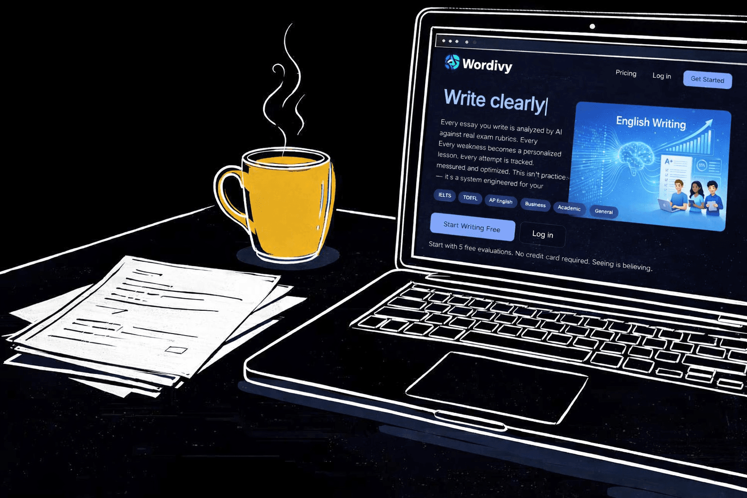 Laptop with Essay Climb, coffee, and writing notes — AI-powered writing improvement