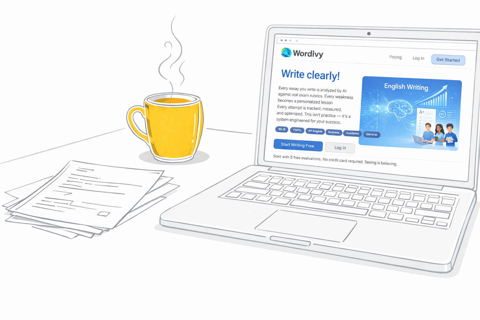 Laptop with Essay Climb, coffee, and writing notes — AI-powered writing improvement