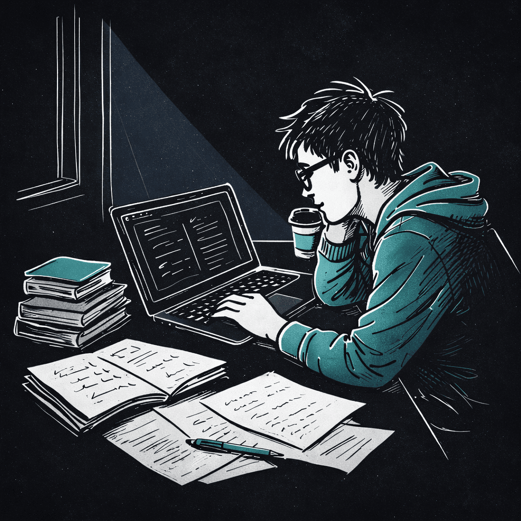 Student studying with laptop, books, and coffee